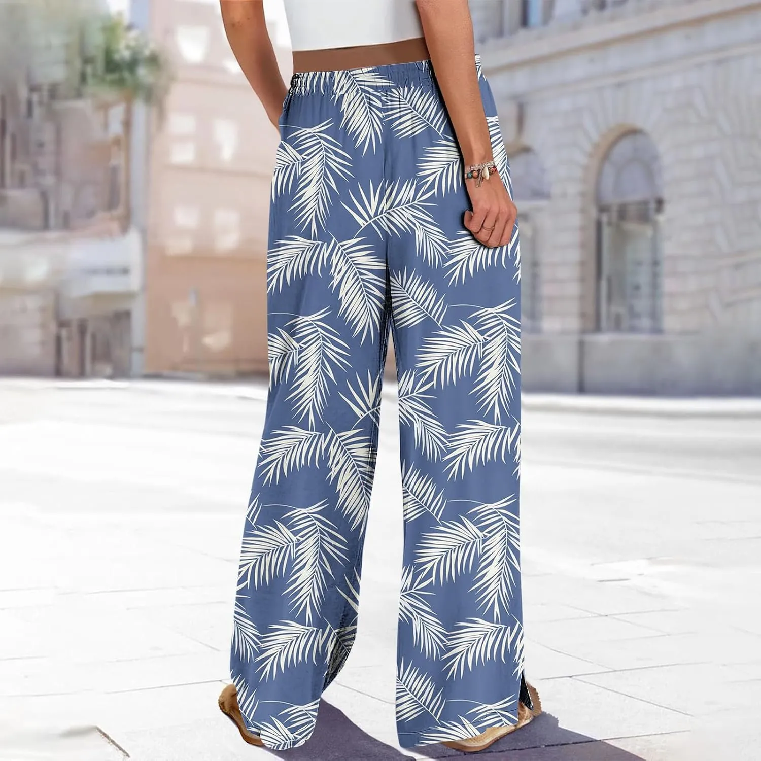Womens Drawstring Print Pants Elastic Waist Wide Leg Elegant Palazzo Trousers Comfy Lightweight Lounge Pant with Pockets