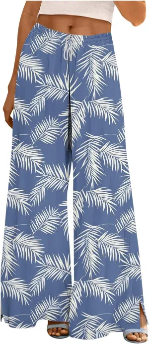 Womens Drawstring Print Pants Elastic Waist Wide Leg Elegant Palazzo Trousers Comfy Lightweight Lounge Pant with Pockets