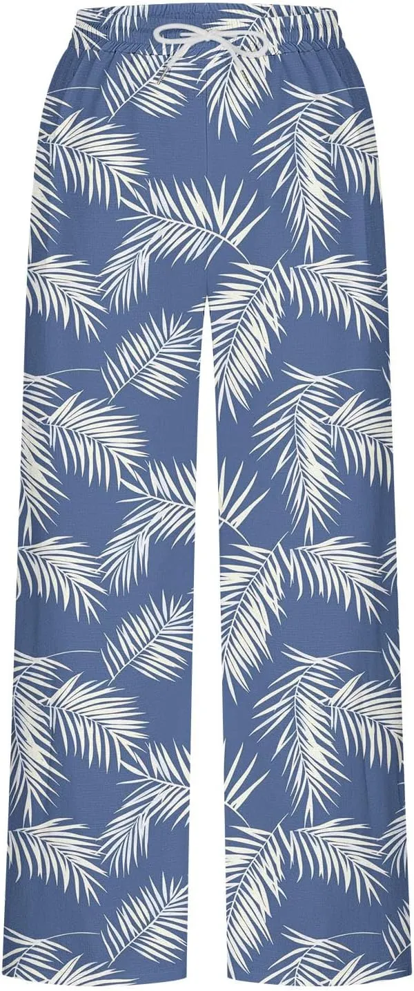 Womens Drawstring Print Pants Elastic Waist Wide Leg Elegant Palazzo Trousers Comfy Lightweight Lounge Pant with Pockets