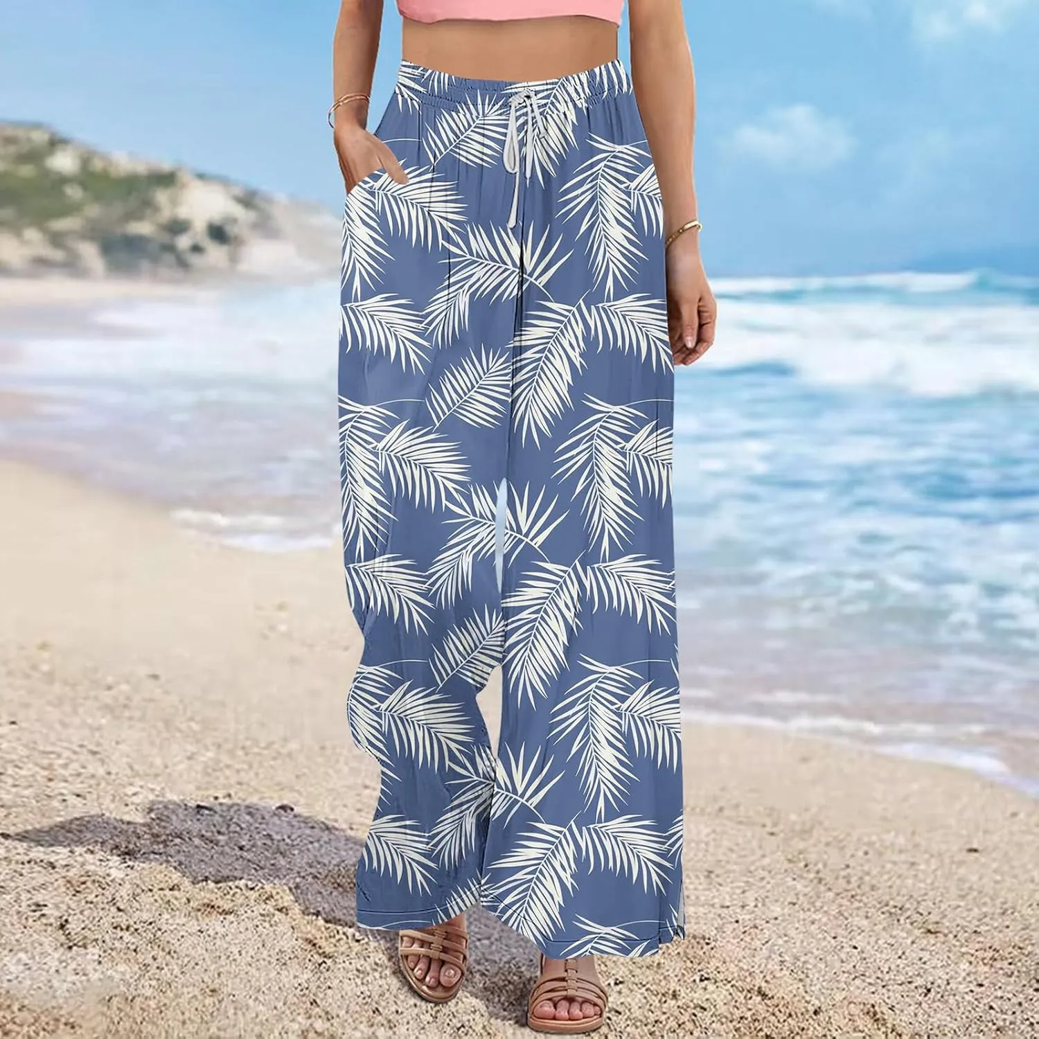 Womens Drawstring Print Pants Elastic Waist Wide Leg Elegant Palazzo Trousers Comfy Lightweight Lounge Pant with Pockets