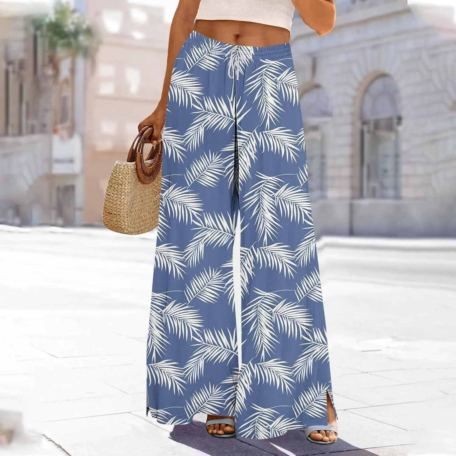 Womens Drawstring Print Pants Elastic Waist Wide Leg Elegant Palazzo Trousers Comfy Lightweight Lounge Pant with Pockets