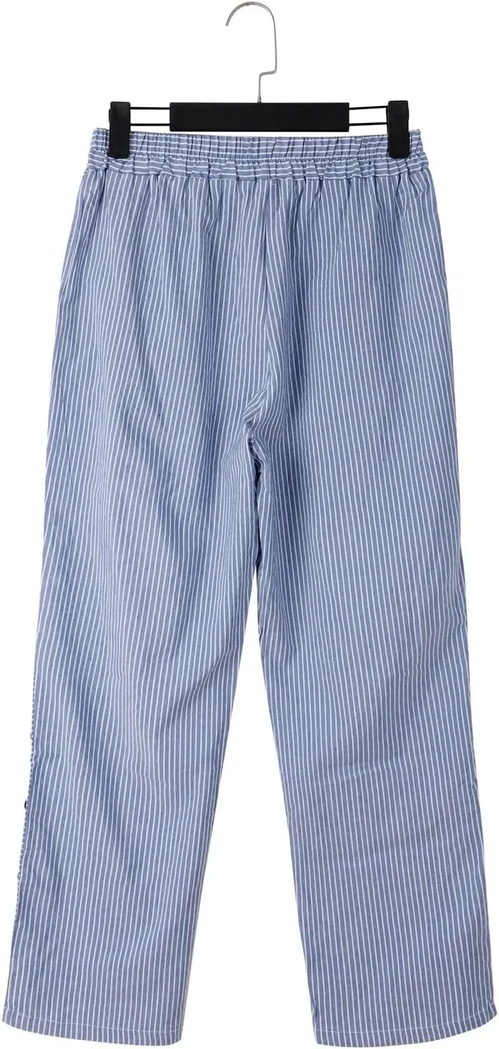 Womens Linen Cotton Blend Striped Pants Shorts Summer 2025 Casual Dressy High Waisted with Drawstring Waist Lightweight