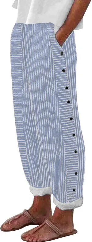 Womens Linen Cotton Blend Striped Pants Shorts Summer 2025 Casual Dressy High Waisted with Drawstring Waist Lightweight