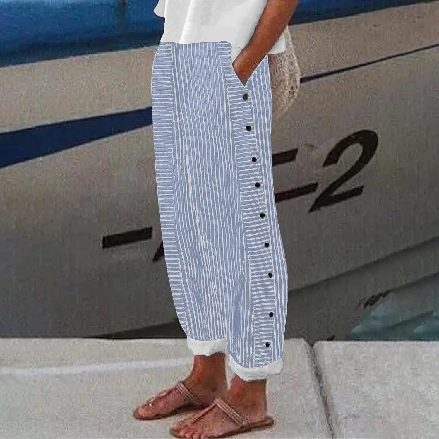 Womens Linen Cotton Blend Striped Pants Shorts Summer 2025 Casual Dressy High Waisted with Drawstring Waist Lightweight