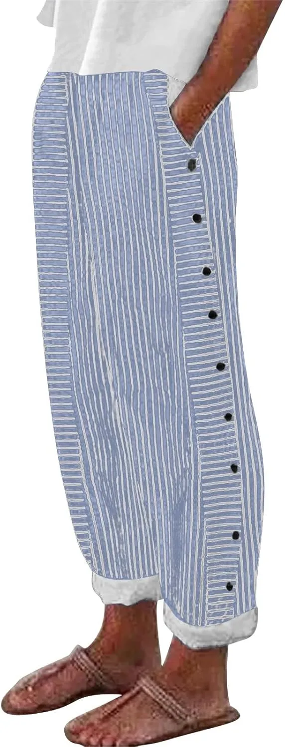Womens Linen Cotton Blend Striped Pants Shorts Summer 2025 Casual Dressy High Waisted with Drawstring Waist Lightweight