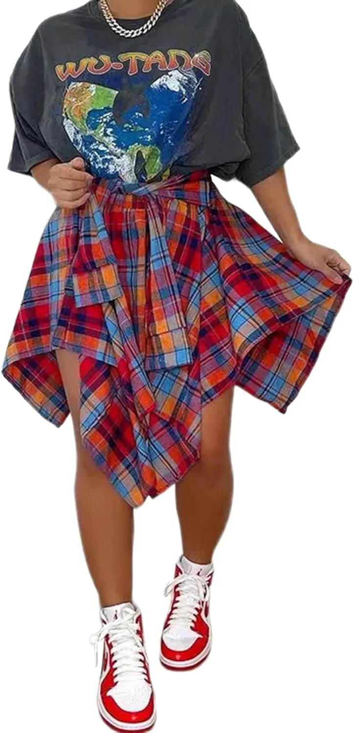 Women's Plaid Skorts Skirts - High Waisted Tie Front Pleated Summer Asymmetrical Skirt with Shorts