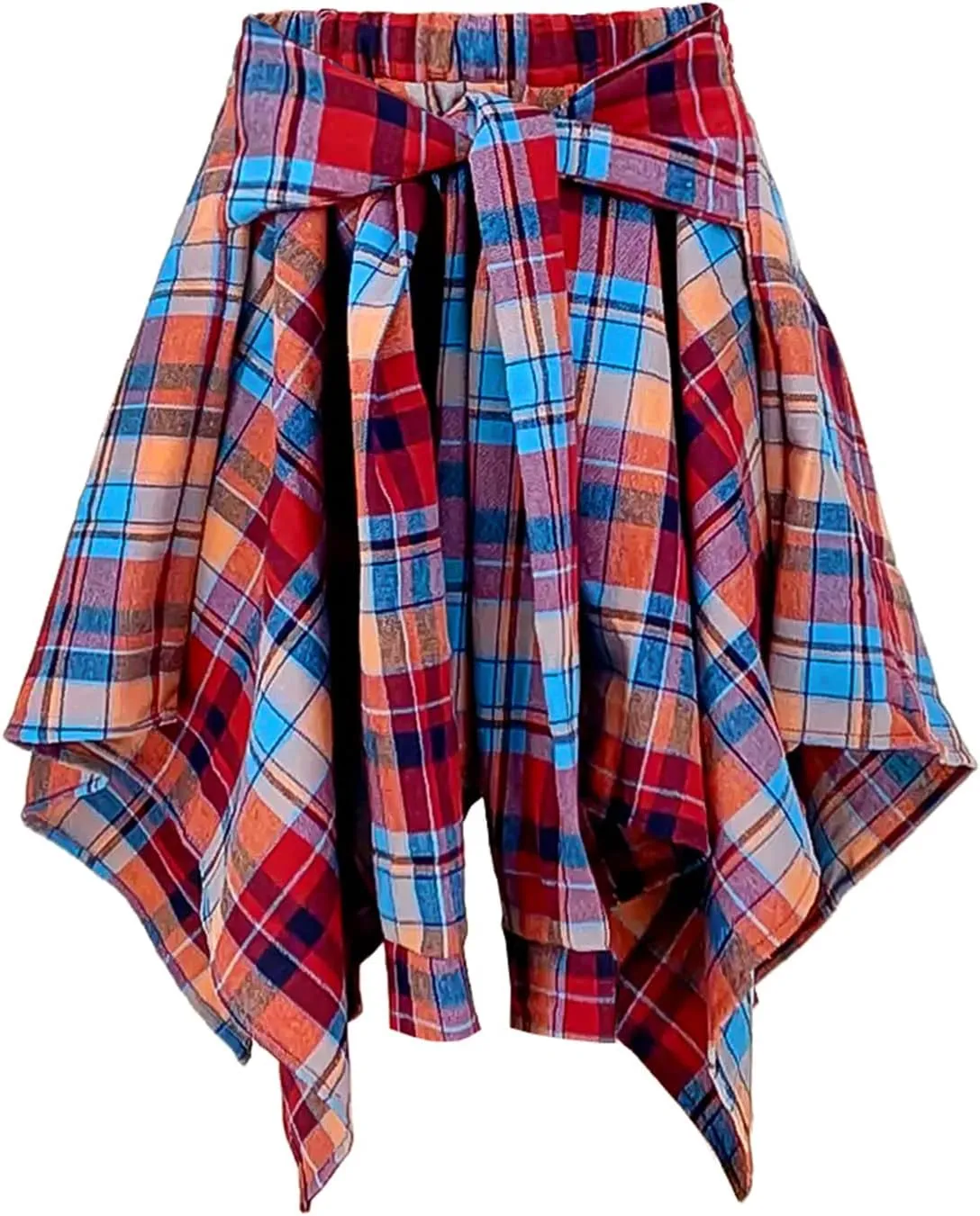 Women's Plaid Skorts Skirts - High Waisted Tie Front Pleated Summer Asymmetrical Skirt with Shorts