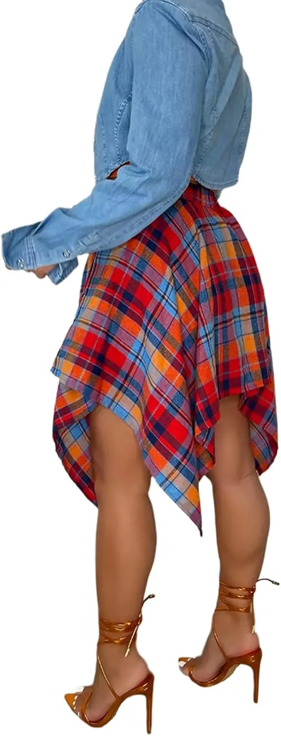 Women's Plaid Skorts Skirts - High Waisted Tie Front Pleated Summer Asymmetrical Skirt with Shorts