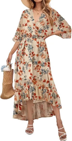 Women's Summer Floral Boho Dress 3/4 Sleeve Wrap V Neck Flowy Casual Loose Wedding Guest Long Maxi Ruffle Dresses Women's Summer Floral Boho Dress 3/4 Sleeve Wrap V Neck Flowy Casual Loose Wedding Guest Long Maxi Ruffle Dresses