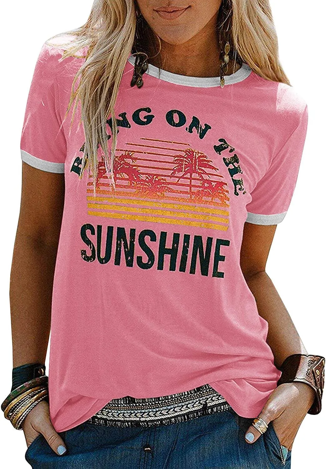 YEXIPO Graphic Tees for Women Short Sleeve Summer Tops Funny Letter Printed Loose Casual T Shirts