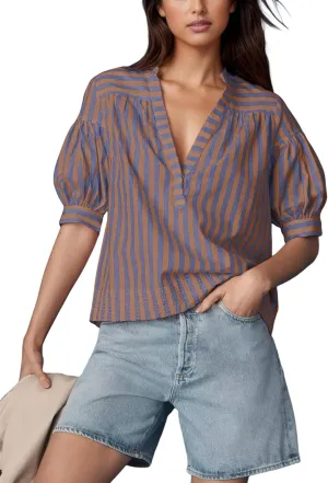 Yidarer Womens Summer Swing Top Striped V-Neck Loose Short Sleeve Pleated Pullover Casual Blouses