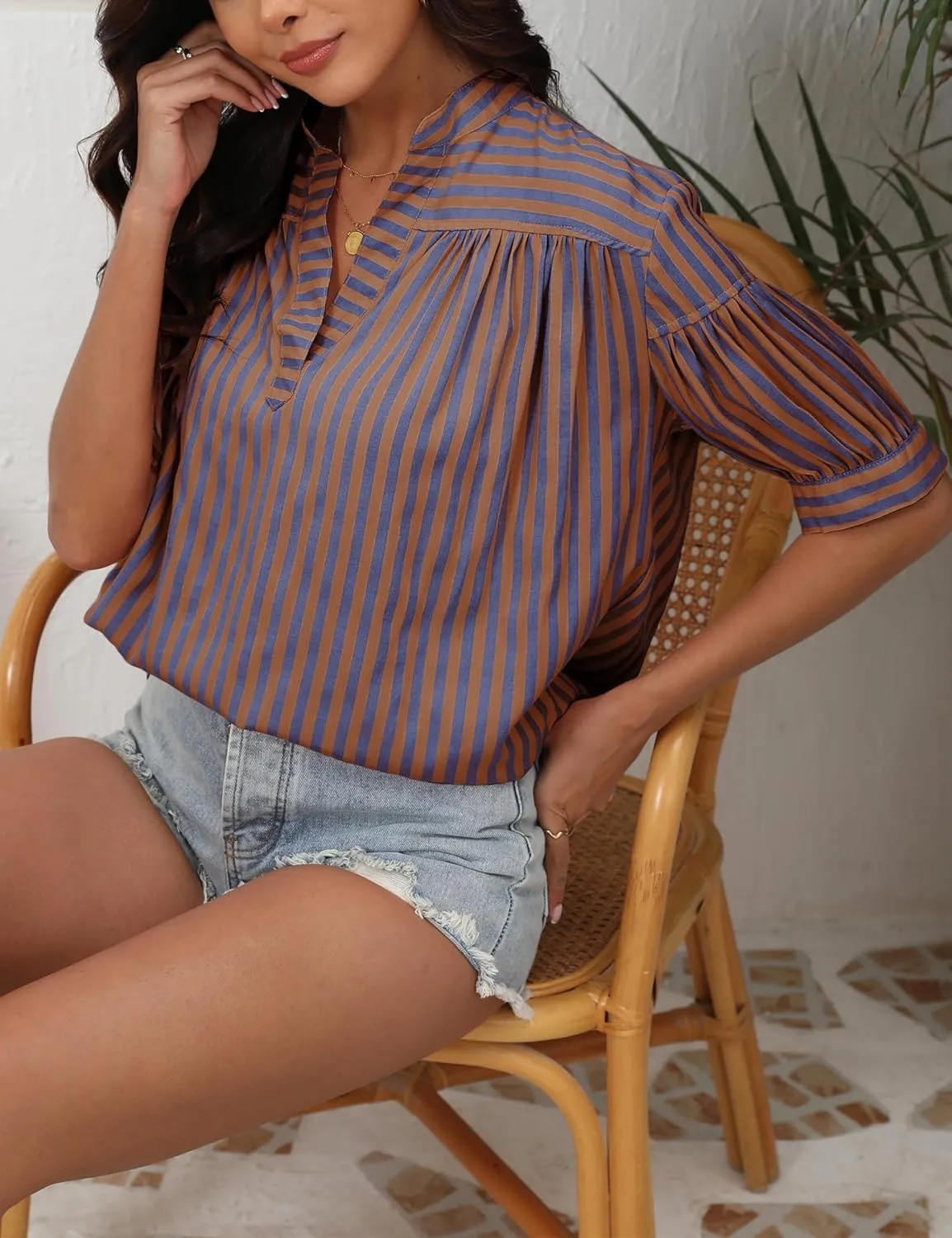 Yidarer Womens Summer Swing Top Striped V-Neck Loose Short Sleeve Pleated Pullover Casual Blouses