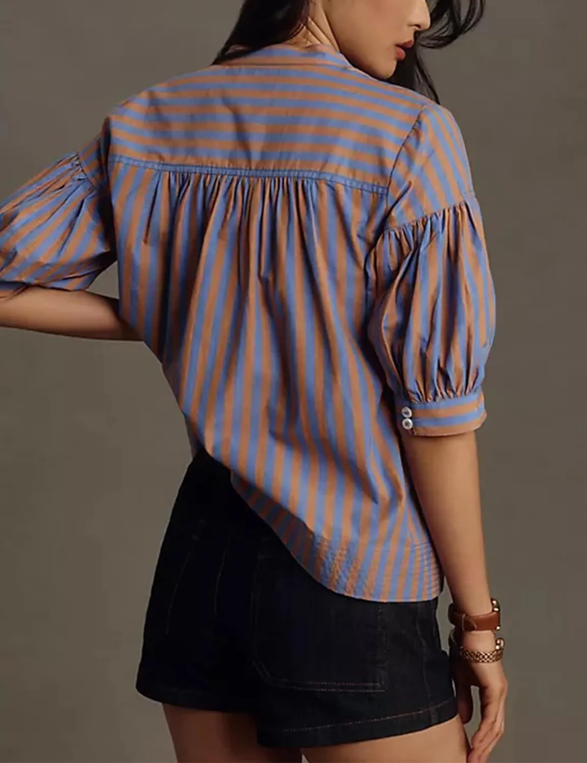 Yidarer Womens Summer Swing Top Striped V-Neck Loose Short Sleeve Pleated Pullover Casual Blouses