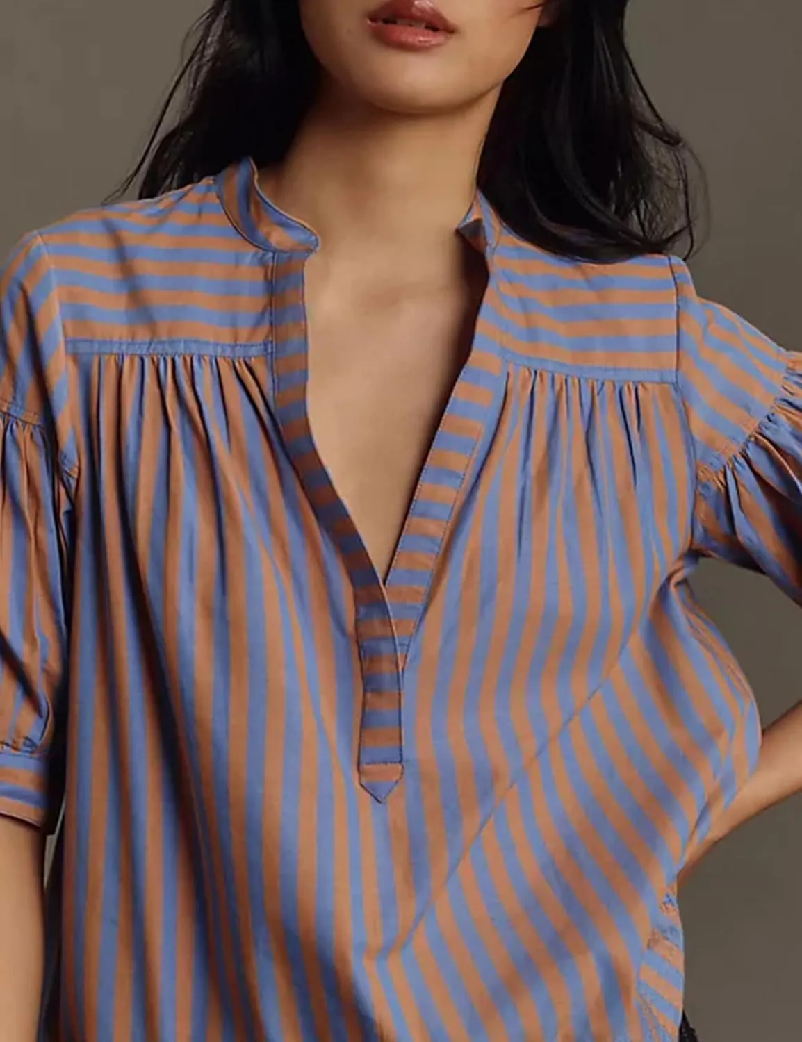 Yidarer Womens Summer Swing Top Striped V-Neck Loose Short Sleeve Pleated Pullover Casual Blouses